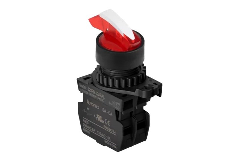 Interruptor Selector Redondo Rojo Palanca Larga 2 Posiciones, Mantenida 110VAC 15 a IP52 S2SRN-L4BRALM — Autonics — AUTONICS
