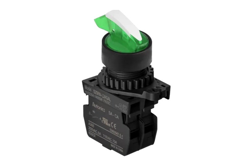 Interruptor Selector Redondo Verde Palanca Larga 2 Posiciones, Mantenida 110VAC 15 a IP52 S2SRN-L4BGALM — Autonics — AUTONICS