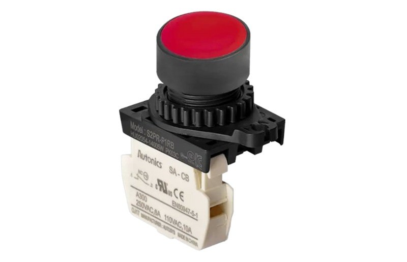 Interruptor con Botón Pulsador Rojo NO Iluminado 110VAC 6A IP52 S2PR-P1RBM — Autonics — AUTONICS