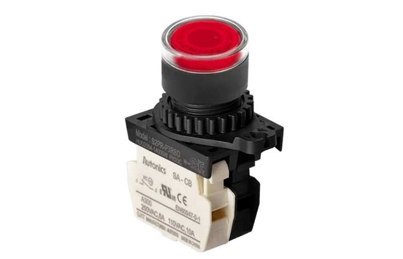 Interruptor con Botón Pulsador Rojo Iluminado, 110-220VAC 110VAC 6A IP52 S2PR-P3RBLM — Autonics — AUTONICS