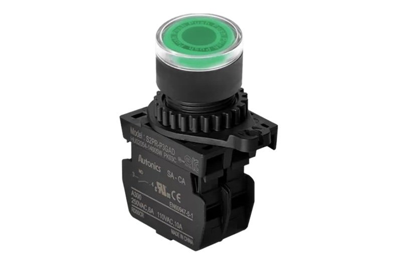 Interruptor con Botón Pulsador Verde Iluminado, 110-220VAC 110VAC 6A IP52 S2PR-P3GALM — Autonics — AUTONICS