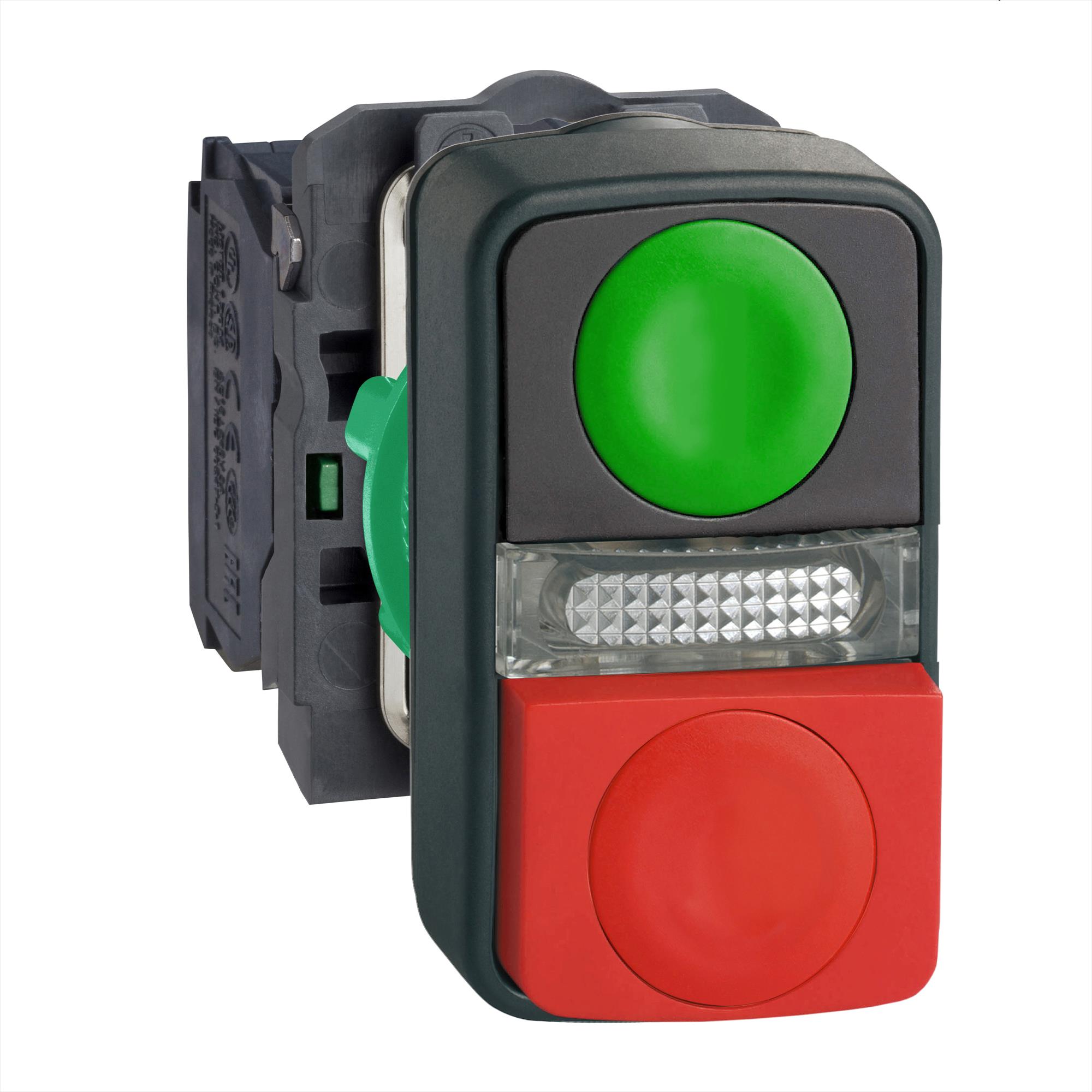Pulsador Lum Doble 1NA+1NC 24V Verde Ras/rojo Sal 22cm Plast XB5AW73731B5 — Schneider Electric — Schneider Electric