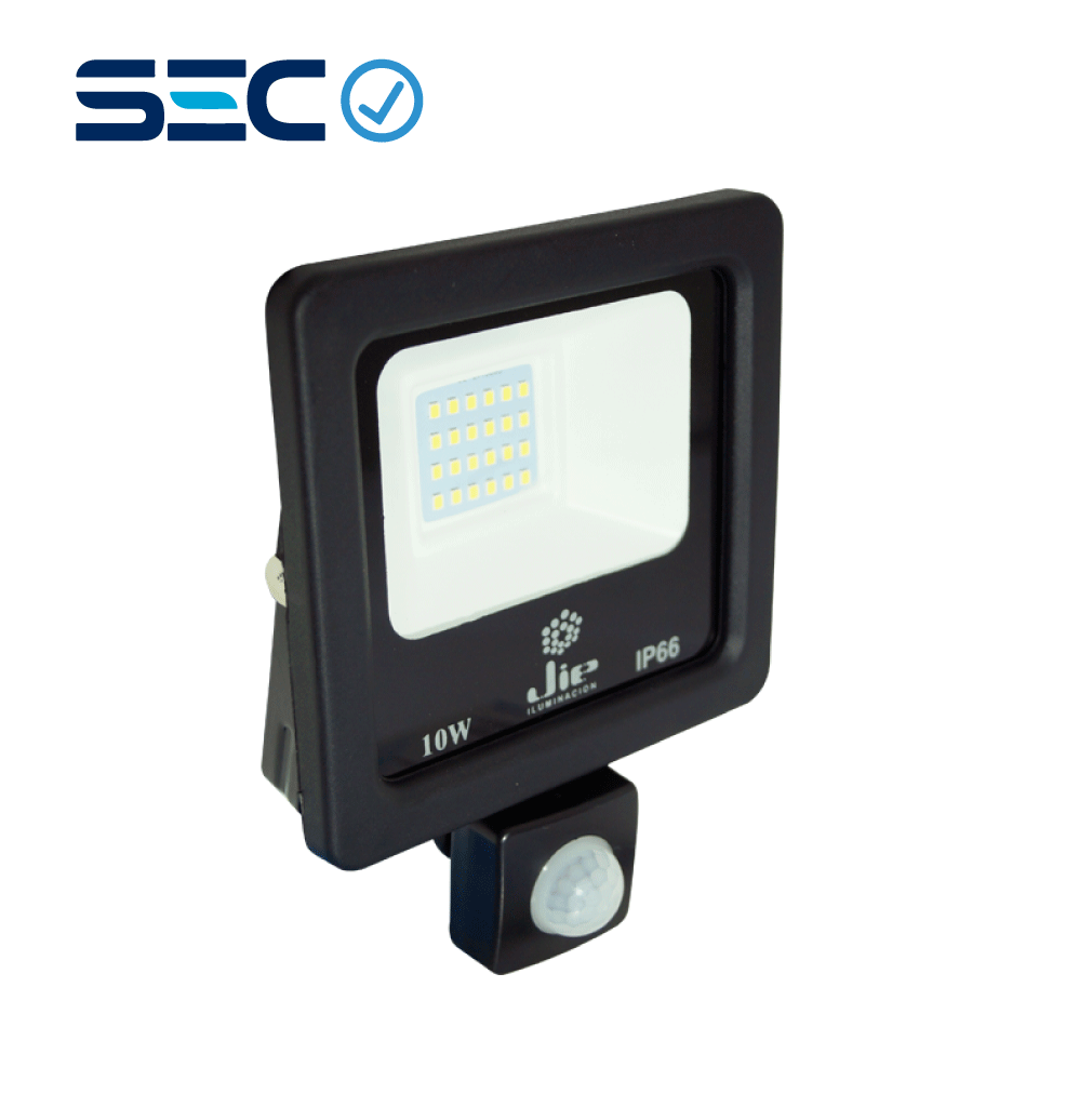 Proyecto LED SMD Con Sensor de Movimiento - Recargable 10W 6500K - Luz Fría IP65 110lm/w Negro Sec (CHIP10EF)