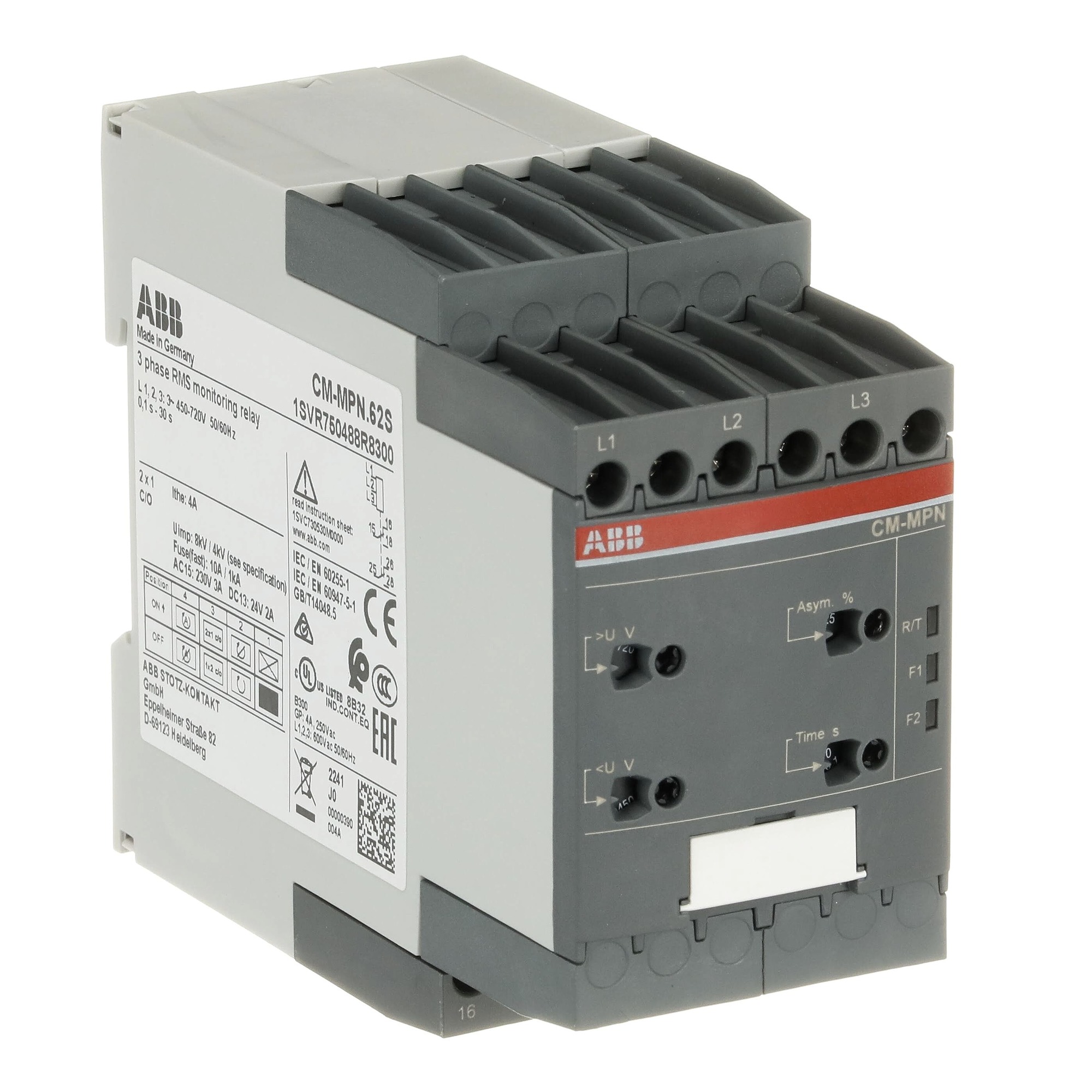 Relé MONITOREO TRIF. 2 C/O L1-L2-L3 = 3x450-720VAC CM-MPN.62S 1SVR750488R8300 ABB — ABB
