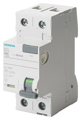 Interruptor Diferencial, 2 Polos, Tipo a, con Retardo Breve, Entrada: 40 a, 30mA, AC: 230V 5SV3314-6KK01 — Siemens — Siemens
