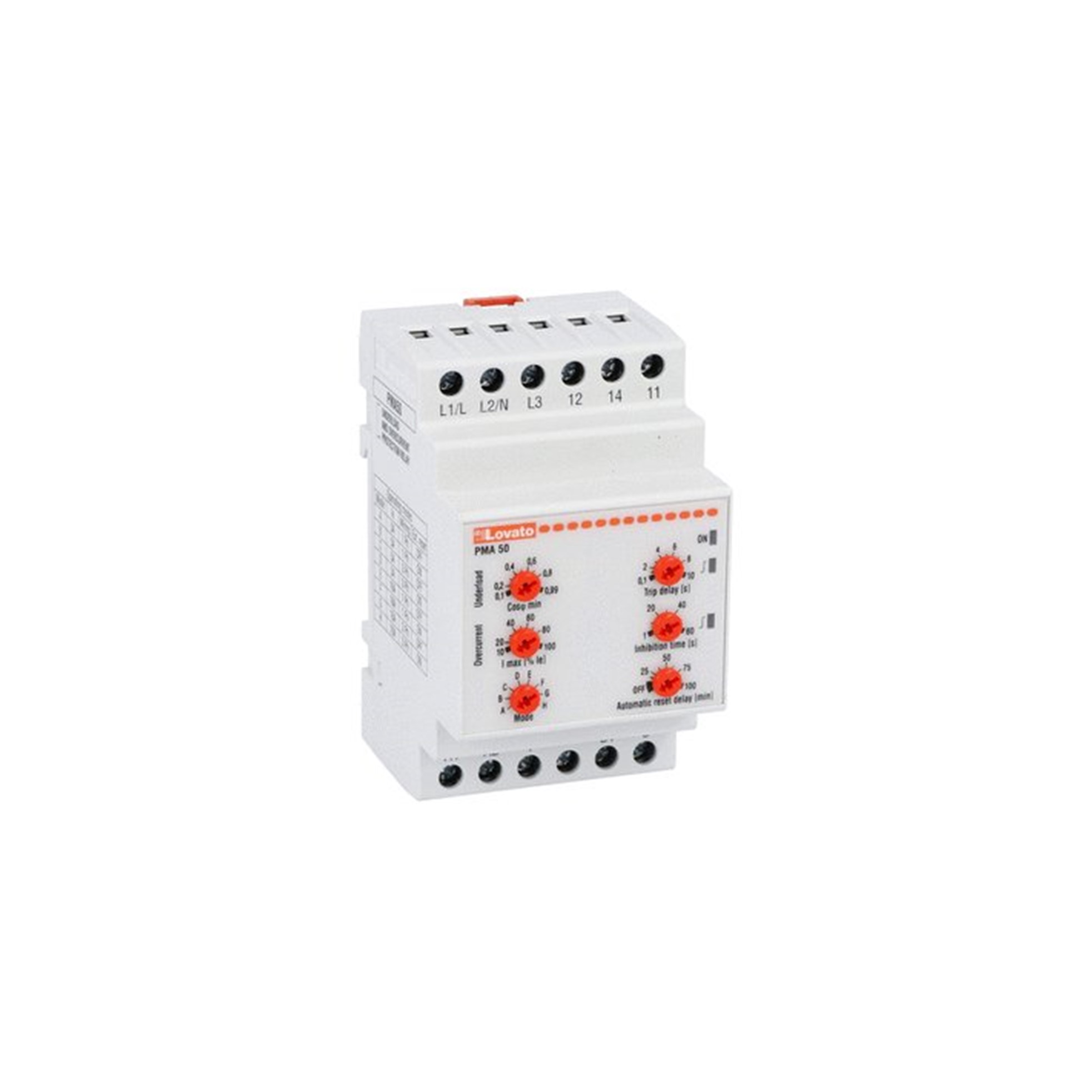 Relé PROTECCION BOMBAS, MAXIMA CORRIENTE, MINIMO COS FI, SECUENCIA, FALTA FASE, 220 A 240VAC PMA50A240 Lovato — Lovato