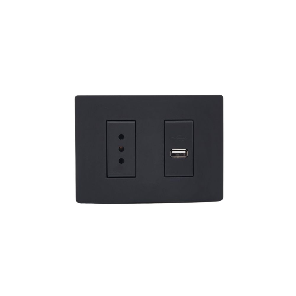 Placa Tomacorriente 10A + Cargador USB Arm. S33 Noir Mate 3396026 — Sinthesi — Sinthesi