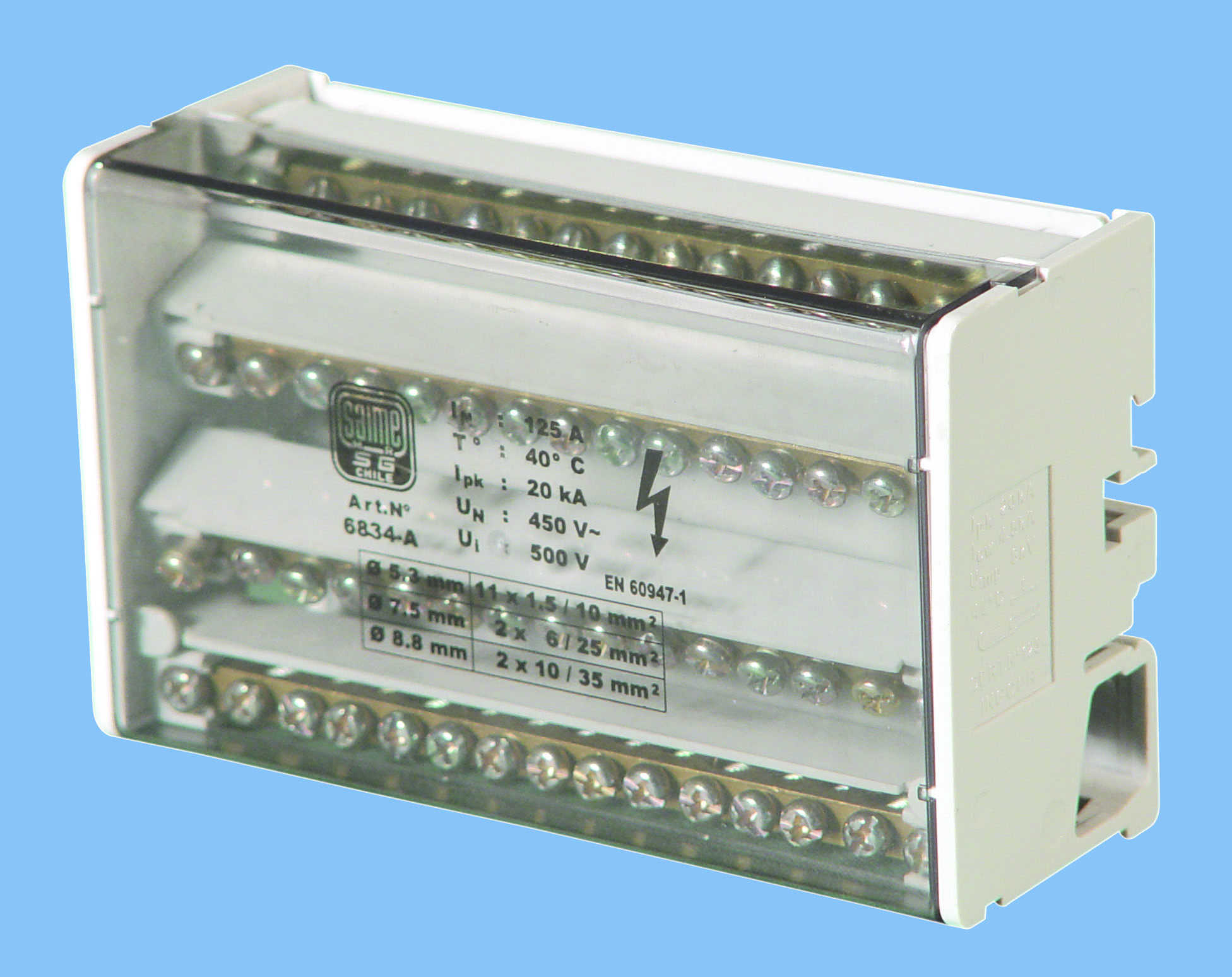 Repartidor Tetrapolar Distribucion Escalanada sin Aislacion 125A 2x35+2x25+11x10mm² Sg 6834 — Saime — Saime