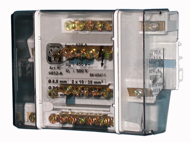 Repartidor Tetrapolar Distribucion Escalonada con Aislacion 125A 1x35+1x35+1x25+5x10mm² Sg 6852-A — Saime — Saime