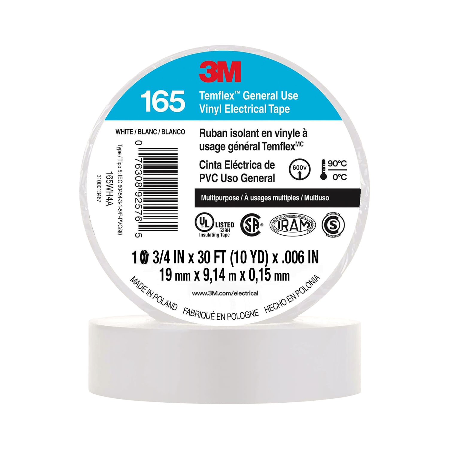 Cinta Aislante Vinilica 19mm X9MTS Blanca Temflex 165 UU01034125 3M (138093) — 3M