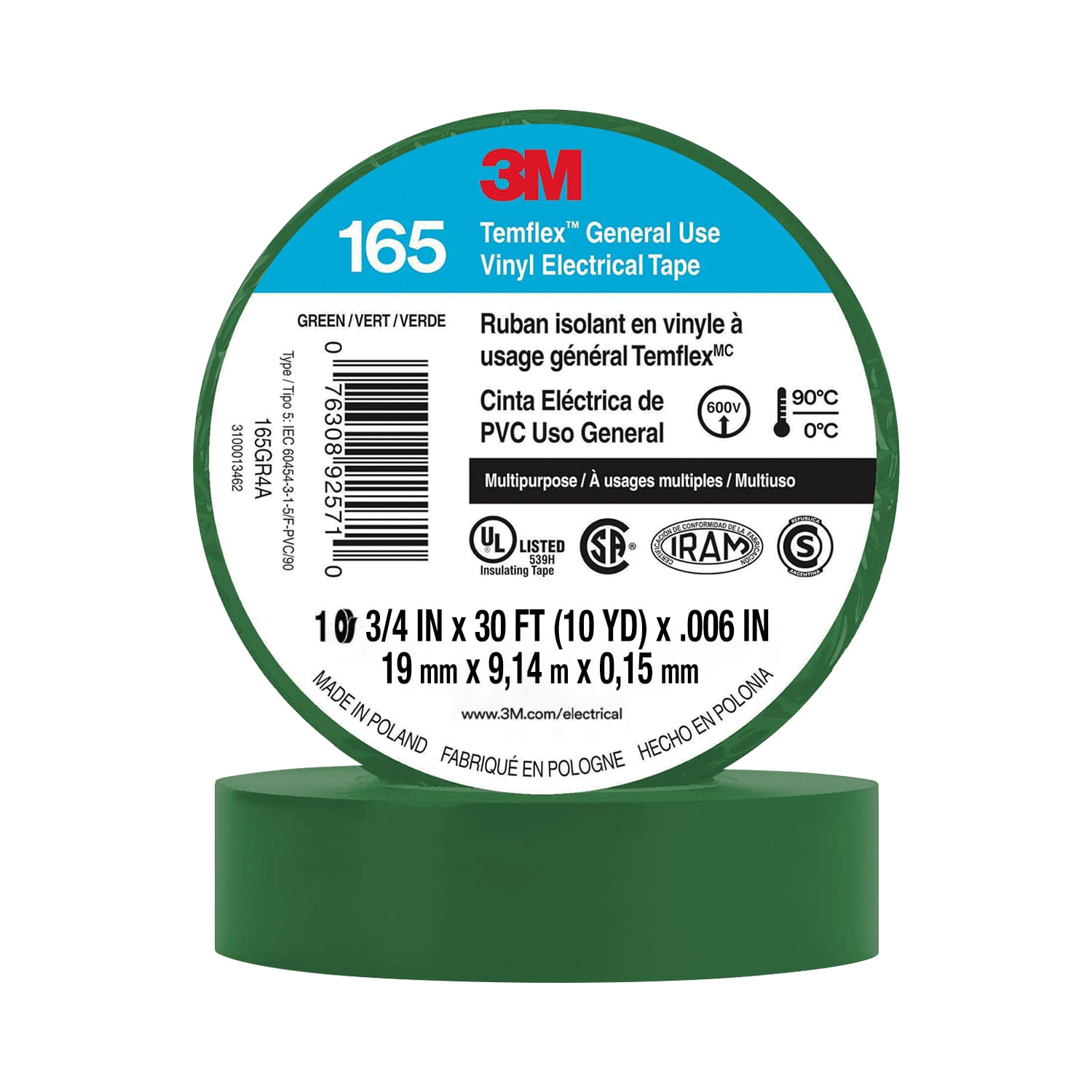 Cinta Aislante Vinilica 19mm X9MTS Verde Temflex 165 UU01034127 3M (138094) — 3M