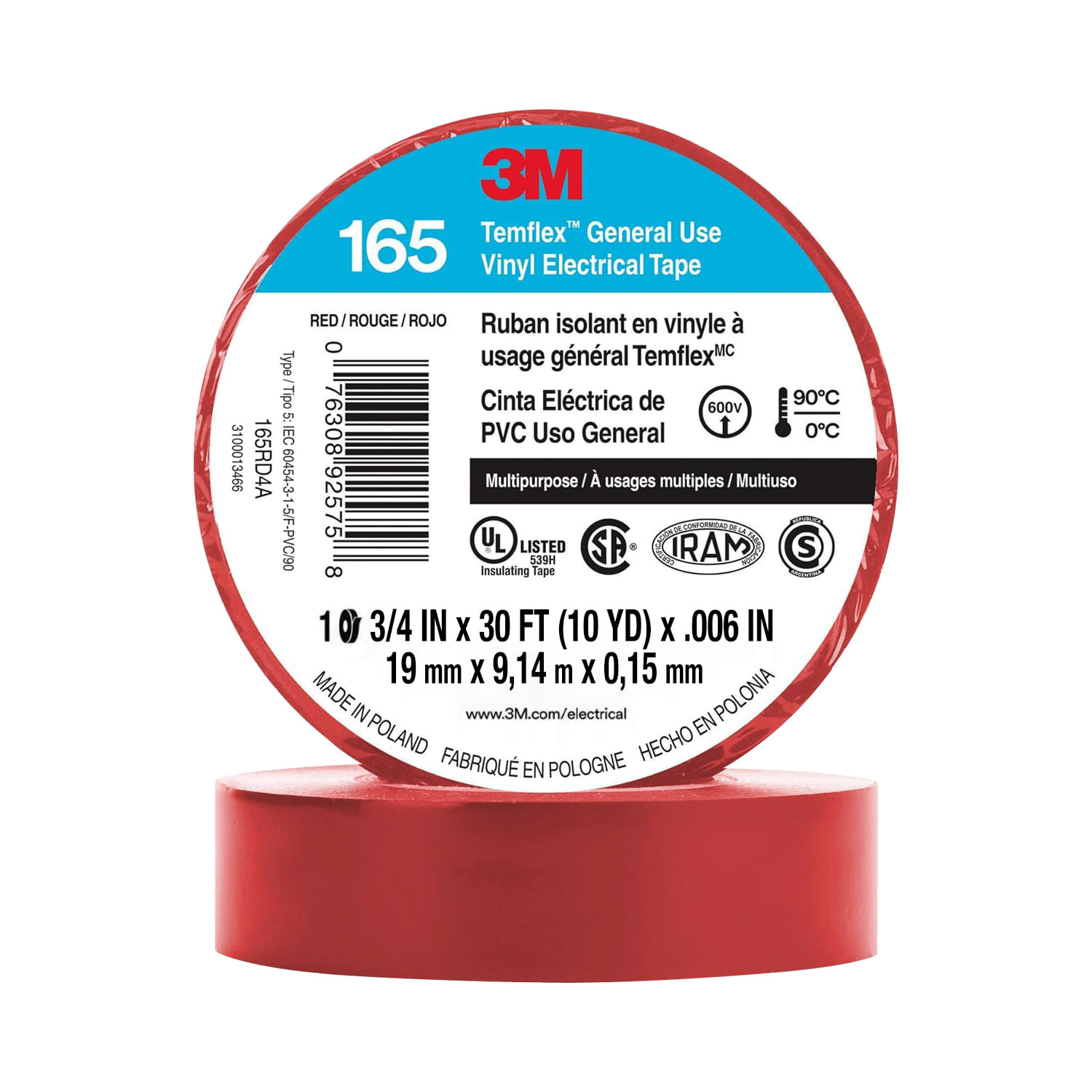 Cinta Aislante Vinilica 19mm X9MTS Roja Temflex 165 UU01034124 3M (138095) — 3M