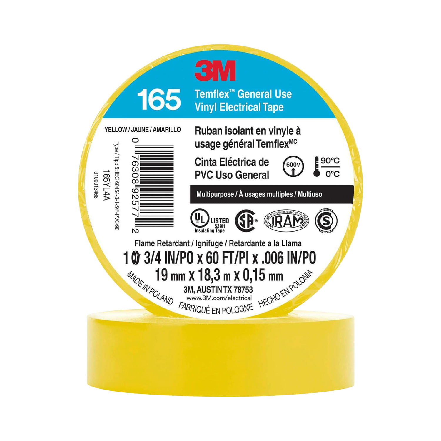 Cinta Aislante Vinilica 19mm X9MTS Amarilla Temflex 165 UU01034126 3M (138097) — 3M