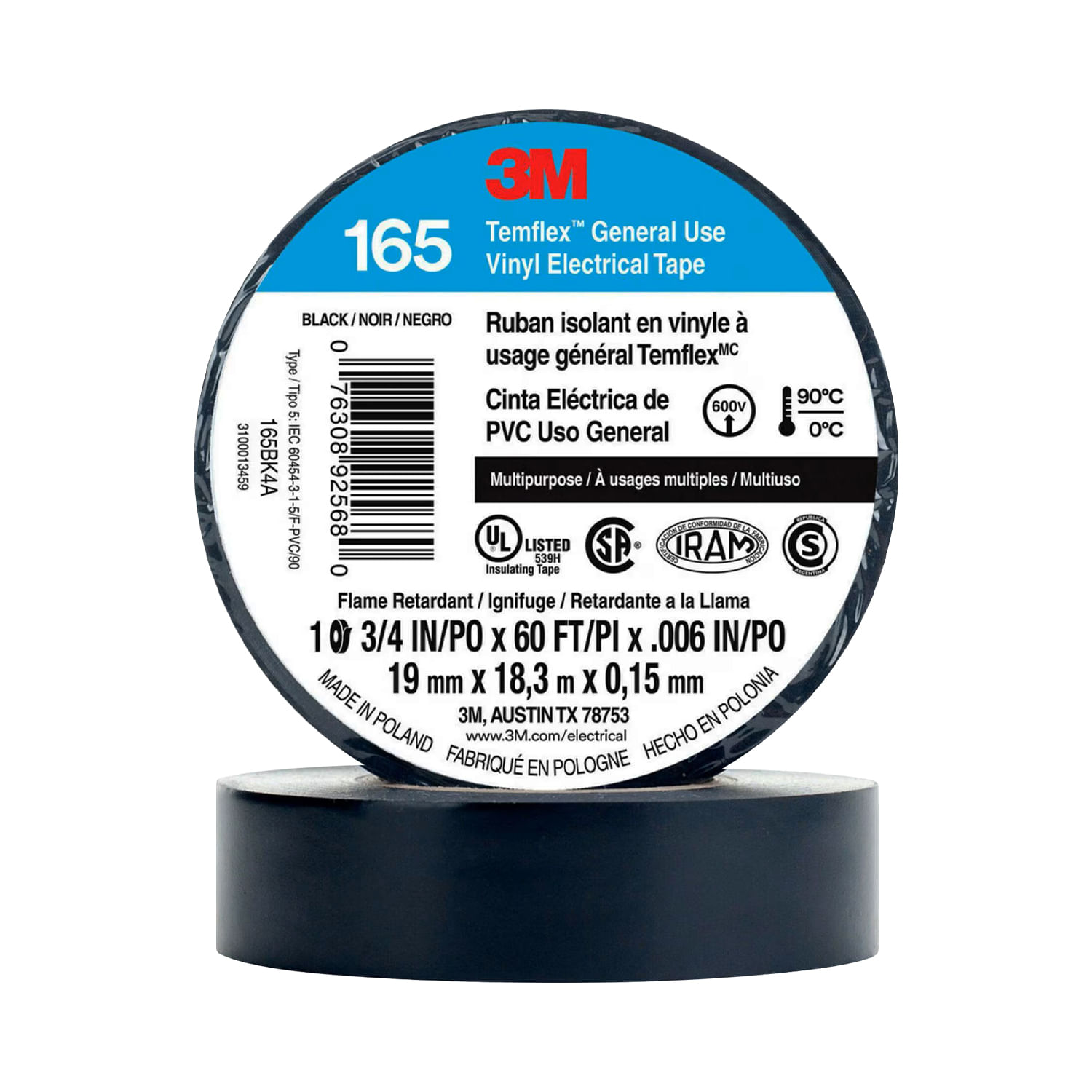 Cinta Aislante Vinilica 19mm X18MTS Negra Temflex 165 UU00947247 3M (138098) — 3M