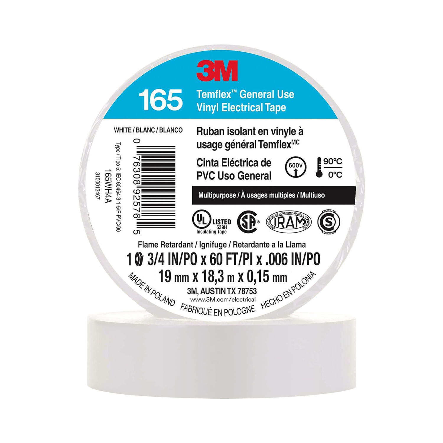 Cinta Aislante Vinilica 19mm X18MTS Blanca - Am Temflex 165 UU00947266 3M (138099) — 3M