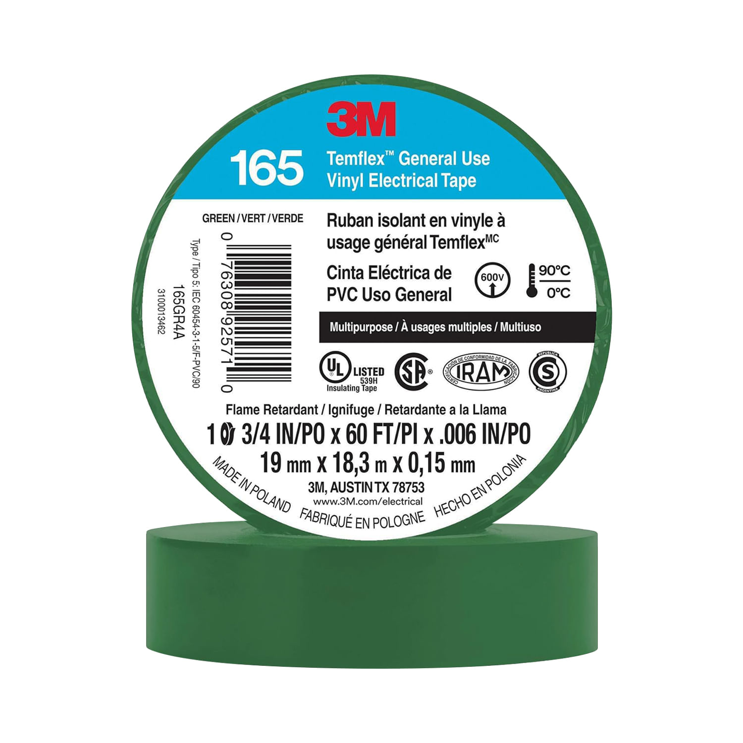 Cinta Aislante Vinilica 19mm X18MTS - Am Verde Temflex 165 UU00947262 3M (138100) — 3M