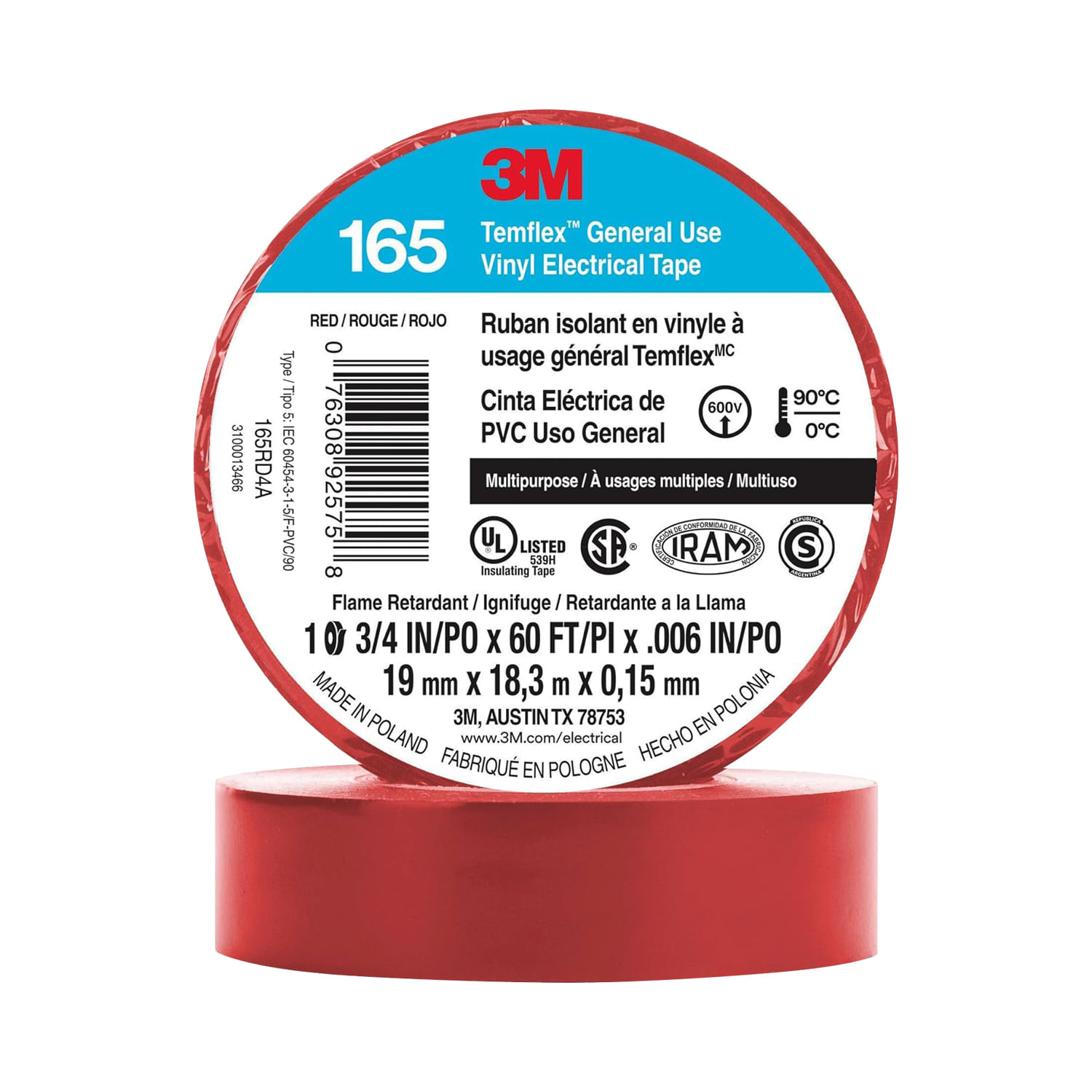 Cinta Aislante Vinilica 19mm X18MTS Roja - Am Temflex 165 UU00947267 3M (138101) — 3M