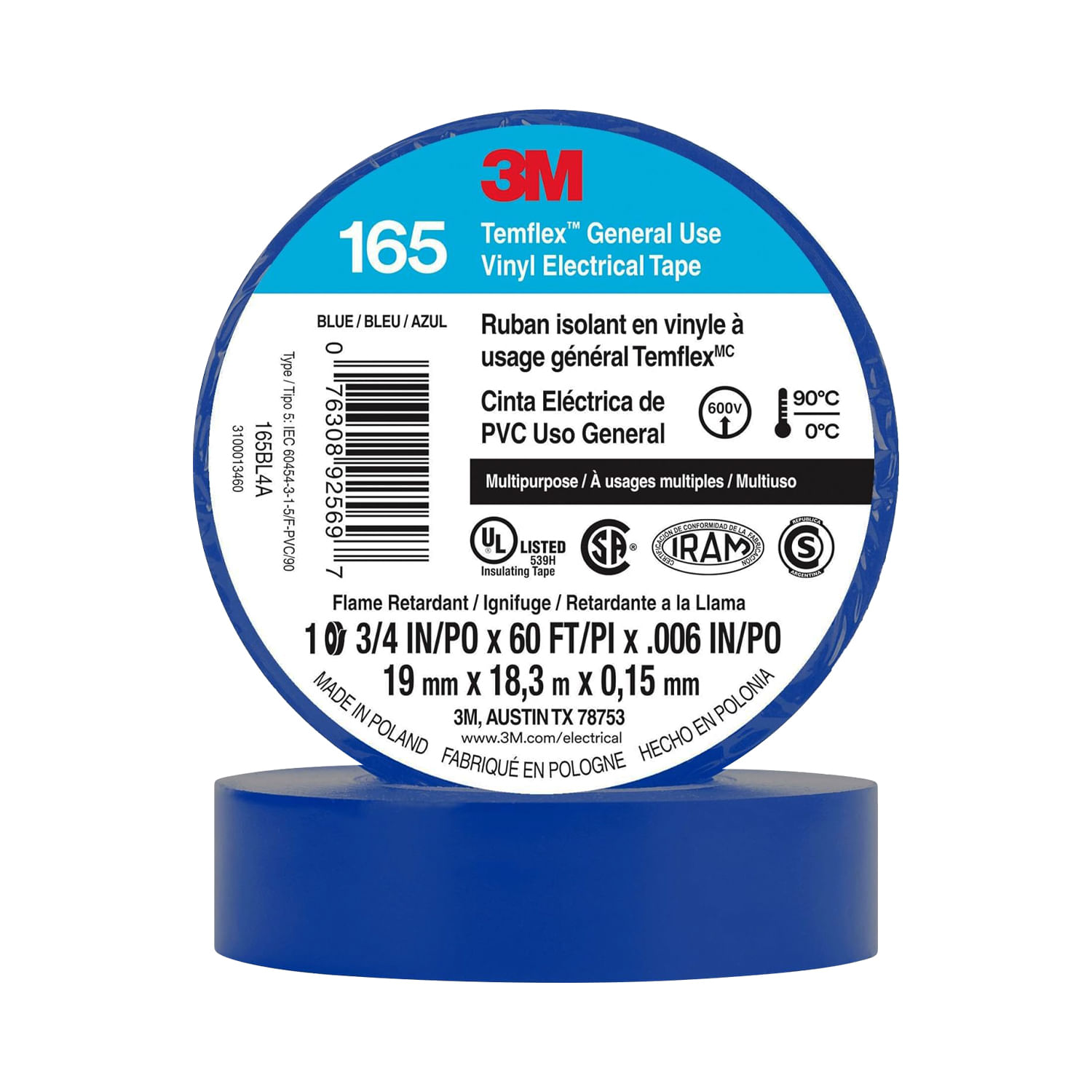 Cinta Aislante Vinilica 19mm X18MTS Azul - Am Temflex 165 UU00946881 3M (138102) — 3M
