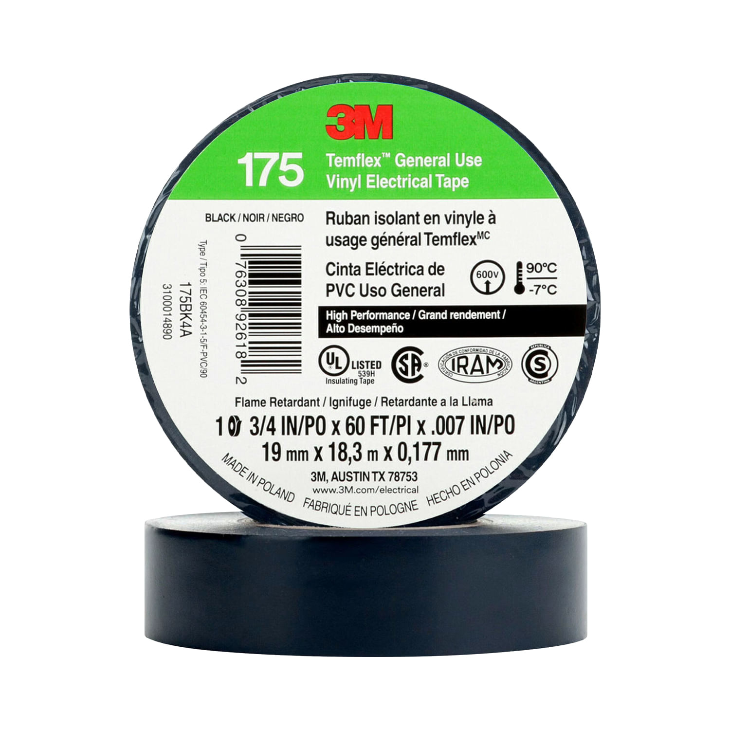 Cinta Aislante Vinilica 19mm X18MTS Negra - Am Temflex 175 UU00966800 3M (138104) — 3M