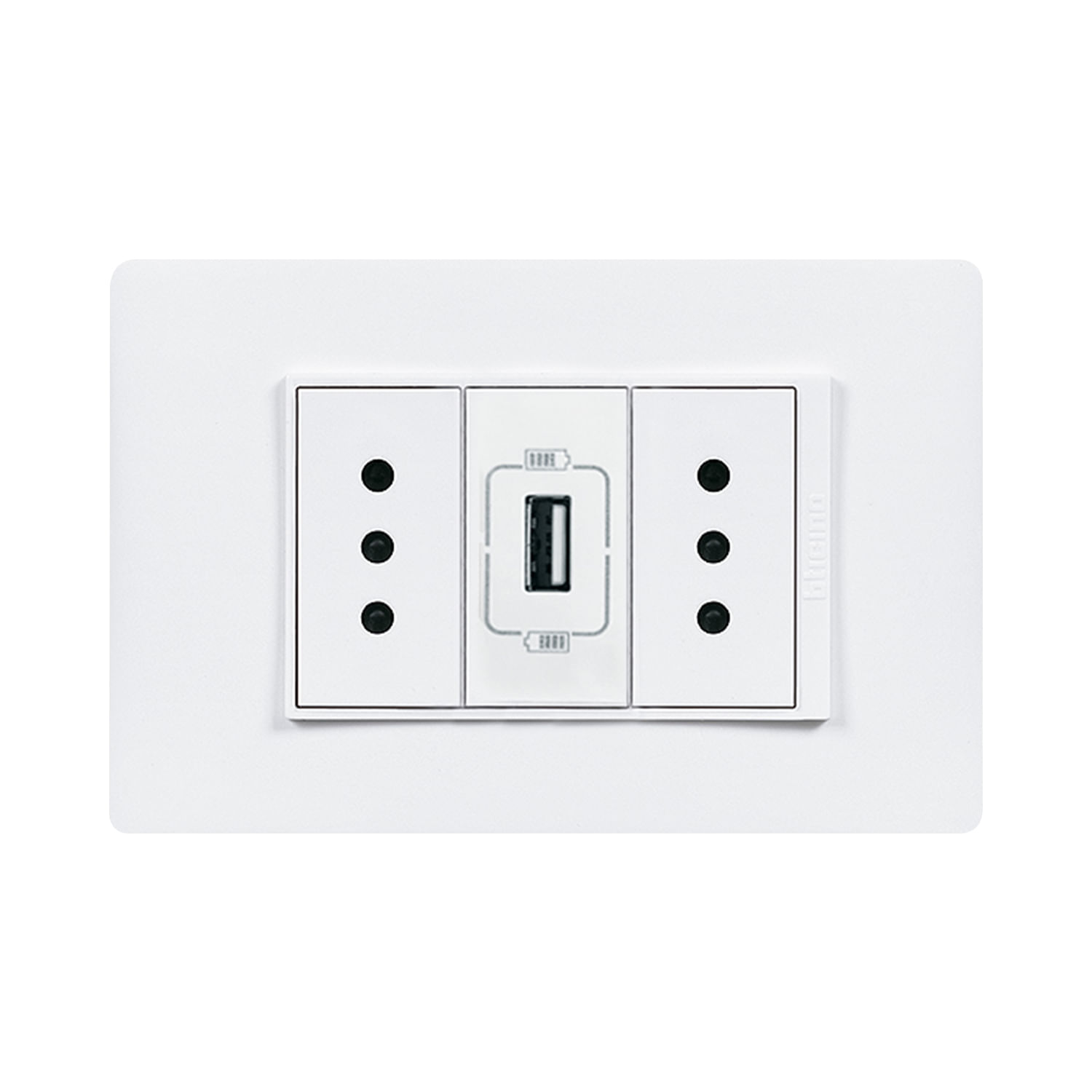 Enchufe Doble 2P+T 10/A 250V + USB 1.5A Blanco Armado Luzica PU1314 (154918) — BTICINO