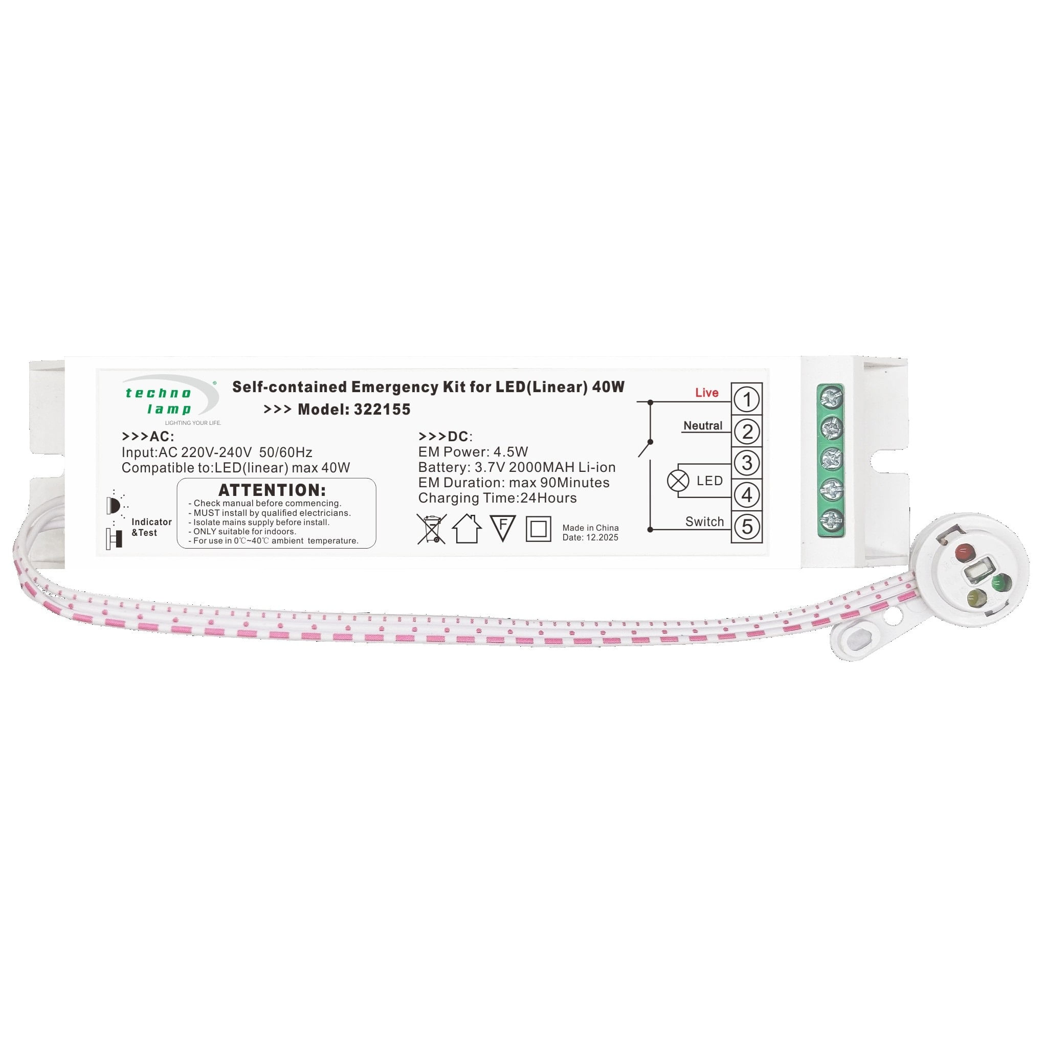 Kit de Emergencia para LED Universal 5-40W 2000mAh 220V Salida (322155) — TechnoLamp