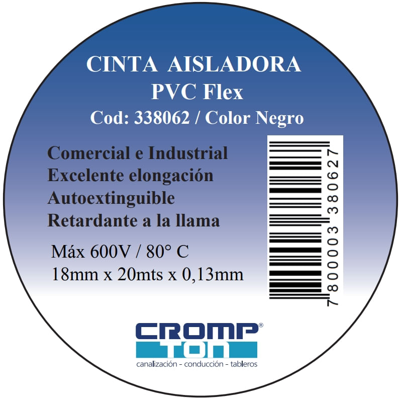 Cinta Aisladora PVC 0.13x18mm X 20 Metros Negro — Crompton — Crompton