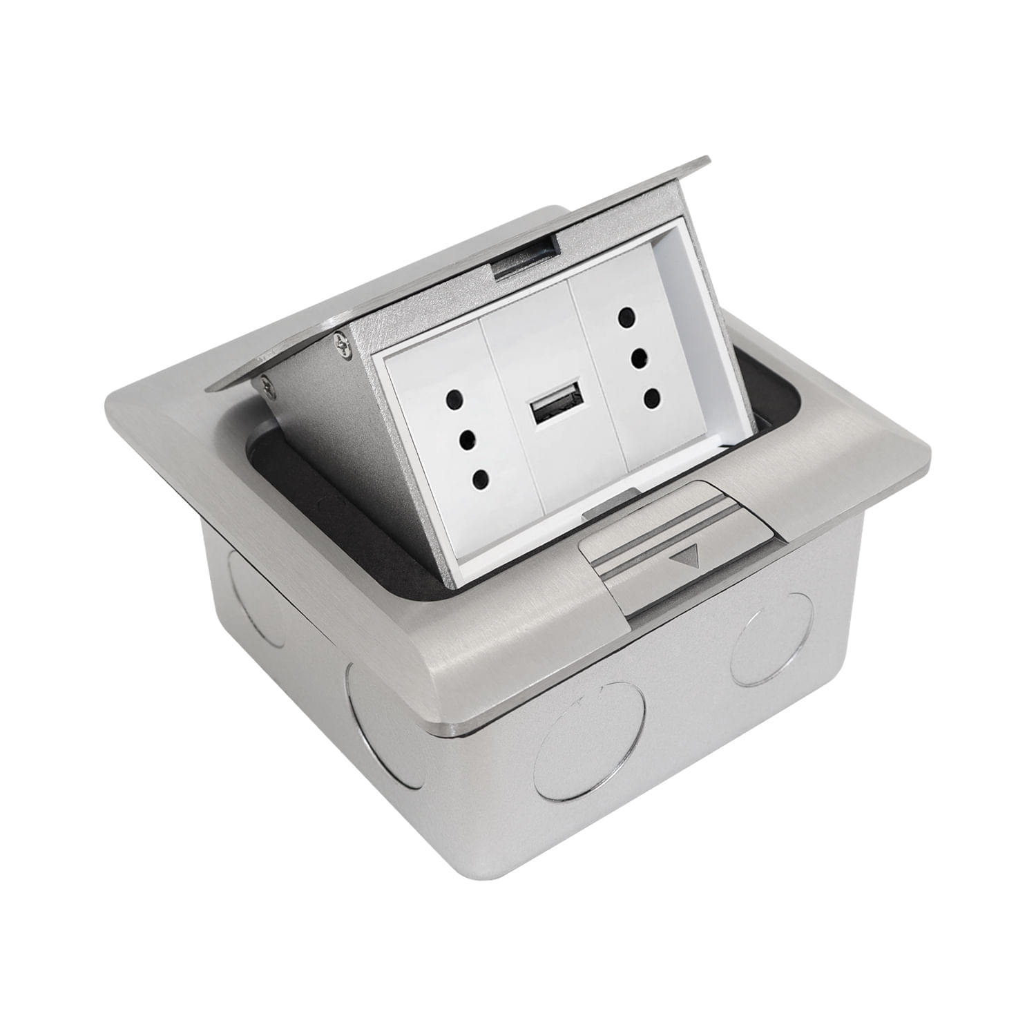 Caja de Piso Pop-up 3 Modulos Acero Cepillado IP44 Cowork — Crompton — Crompton