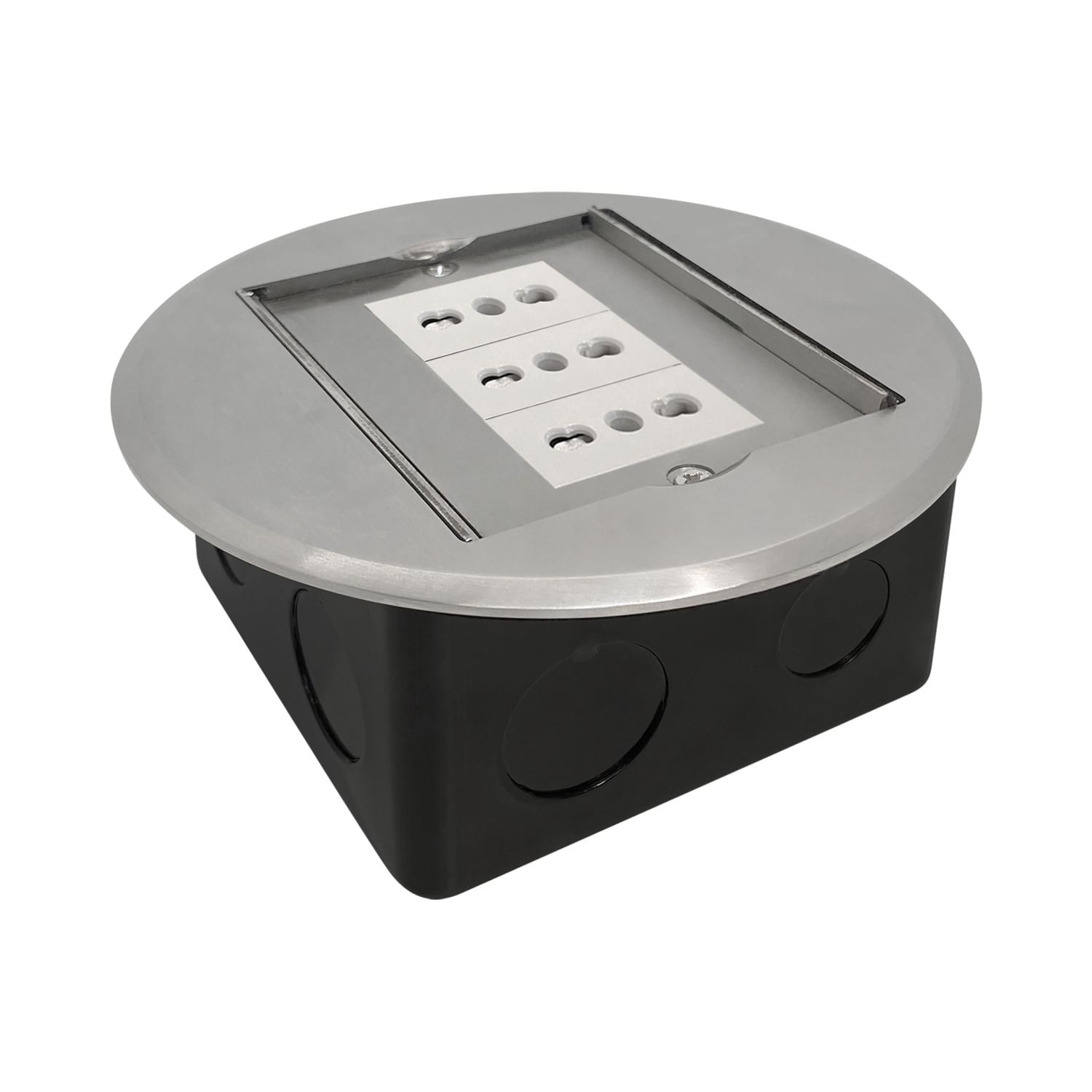Caja de Piso Push Down 3 Modulos Circular Acero Cepillado Cowork (375047) — Crompton