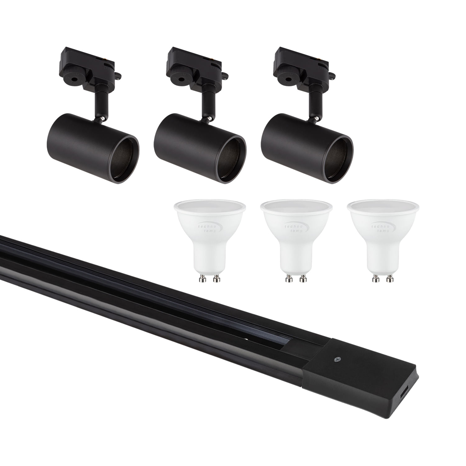 Pack Riel Monofásico 1M + 3 Focos Nilo + Ampolletas GU10 Luz Cálida (400010) — TechnoLamp