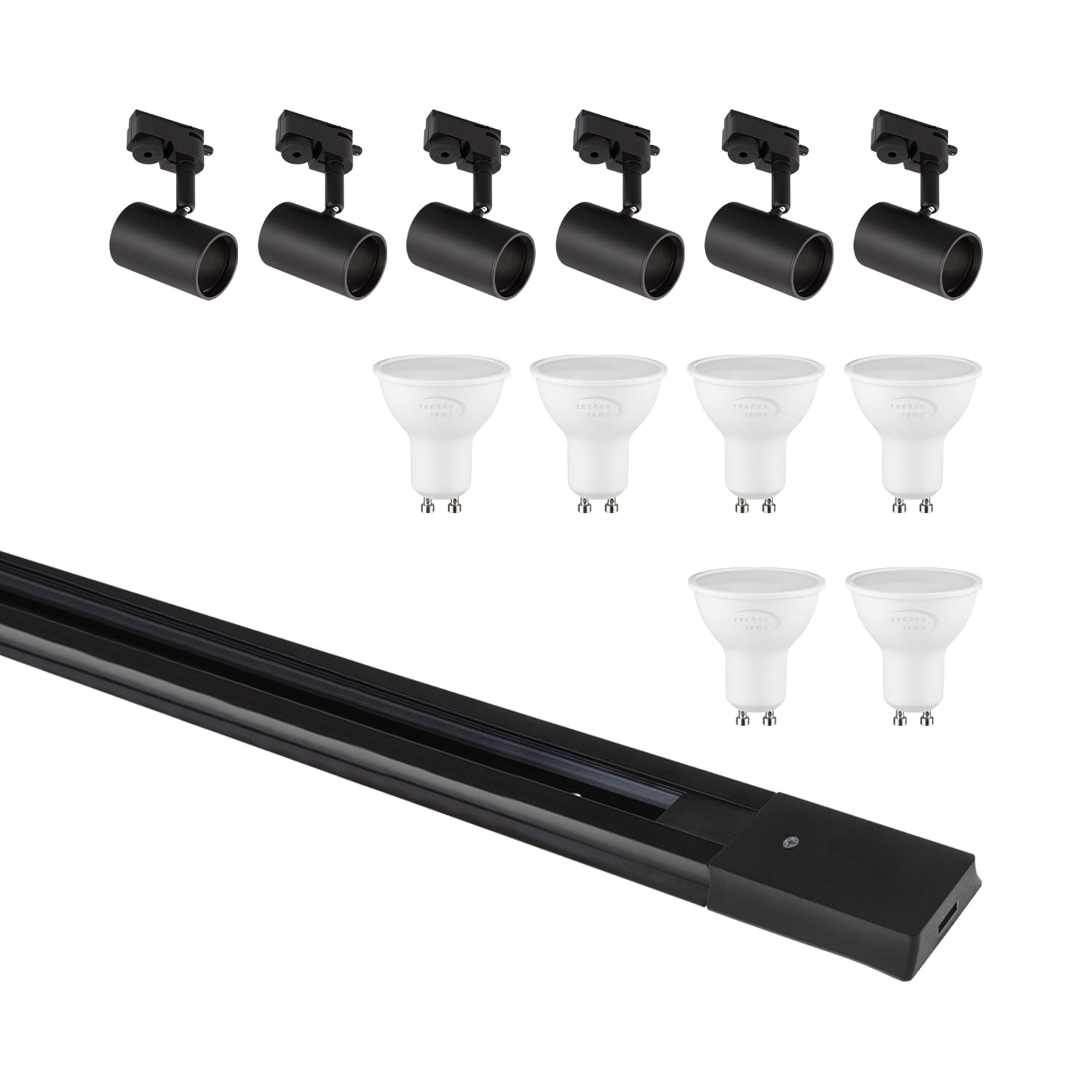 Pack Riel Monofásico 2M + 6 Focos Nilo + Ampolletas GU10 Luz Cálida (400012) — TechnoLamp