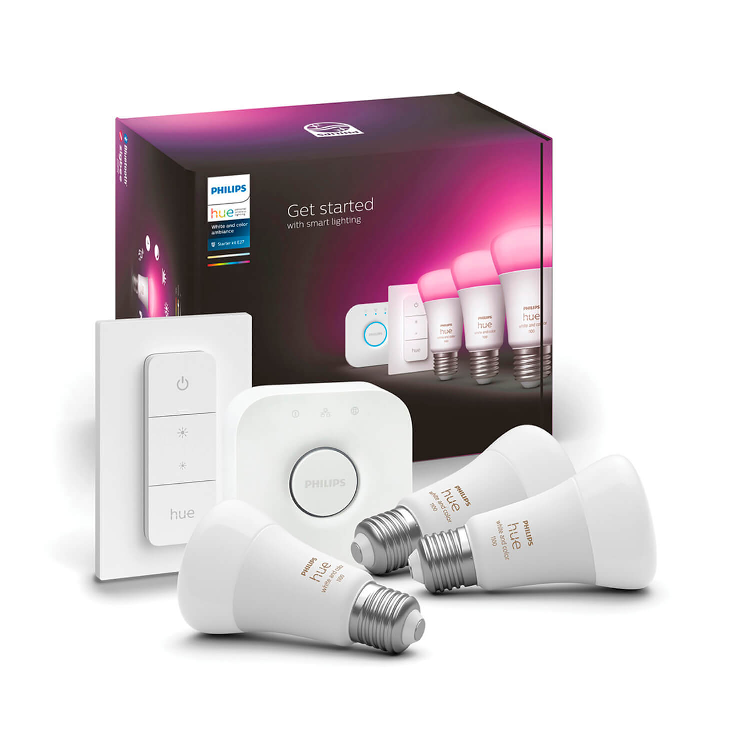 Kit Ampolletas Hue 9W E27 RGB + Interruptor Inalámbrico + Bridge — Philips — Philips