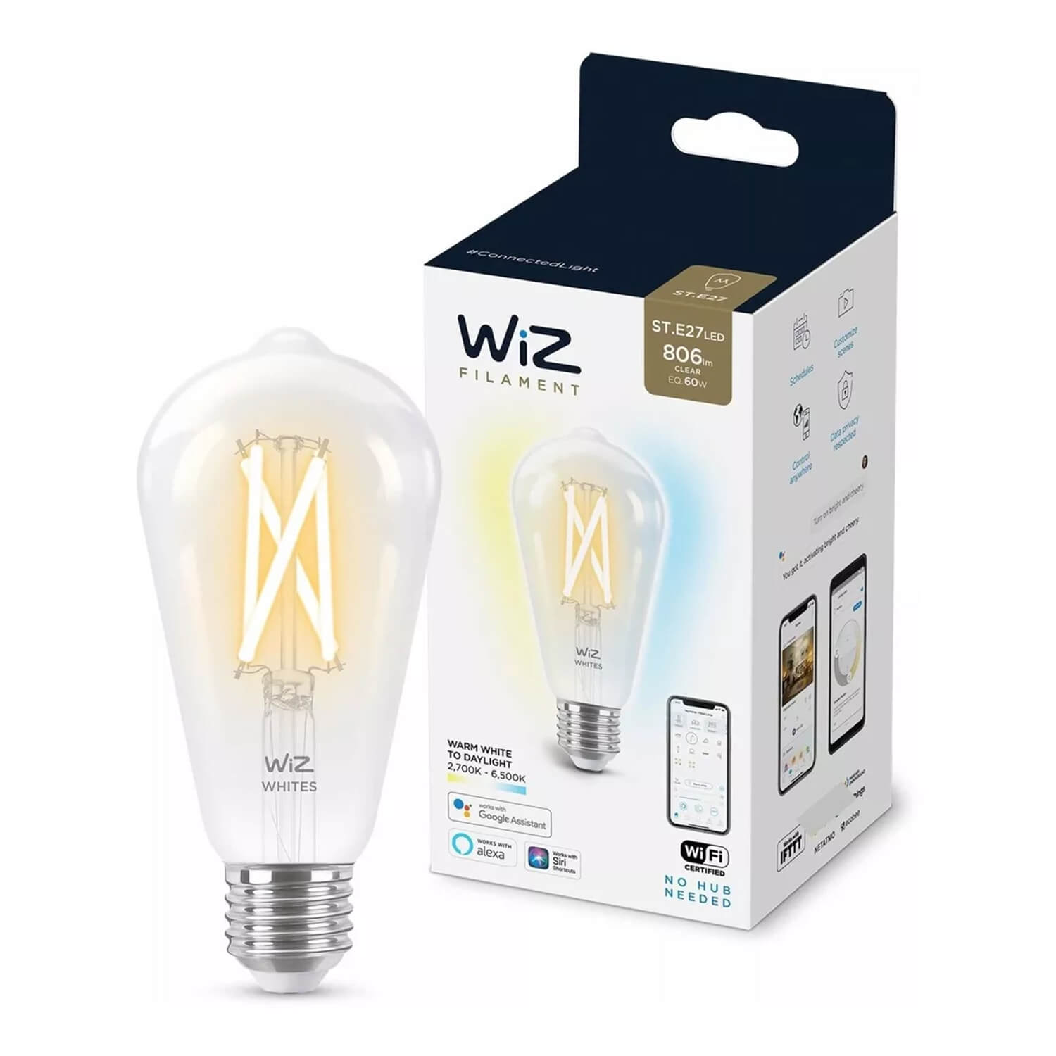 Ampolleta Inteligente E27 Filamento ST64 60W Luz Cálida a Luz Fría — Wiz — Wiz