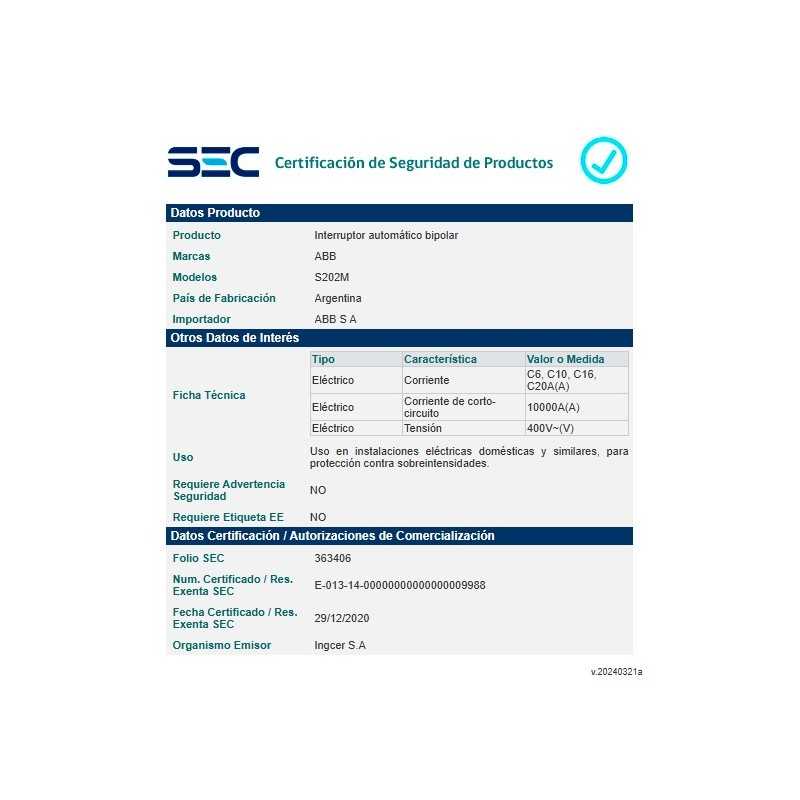 Interruptor 2Px16A 10/15kA curva C, S202M-C16 — ABB